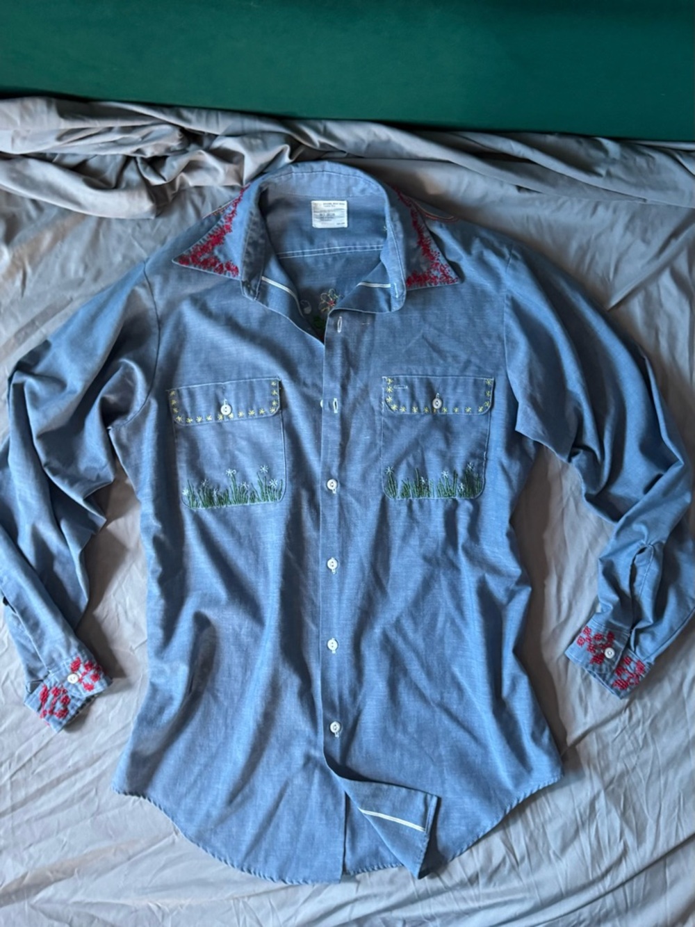 Big Mac JCPenney vintage 1970s chambray hand embroidered shirt men’s XL 70s 60s - Picture 13 of 17
